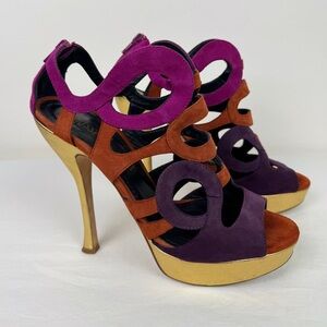 Jerome C Rousseau Colorful Suede Gold Metallic Heels